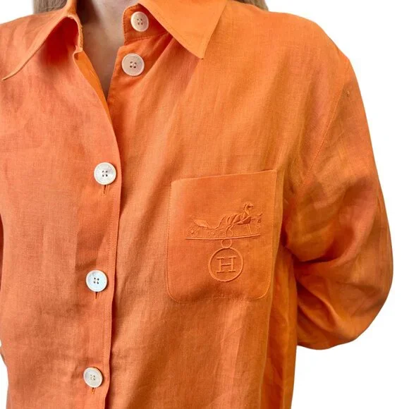HERMES Vintage H Logo Horse Carriage Embroidery Shirt #36 Orange Button [106322] - Picture 3 of 12